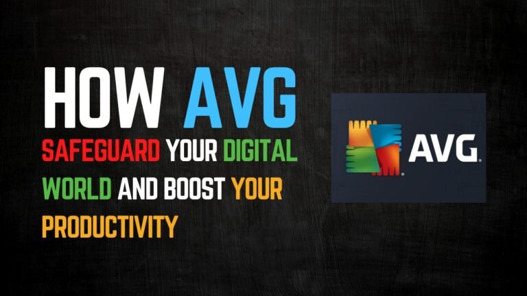 A visually appealing banner with a black background featuring bold and colorful text: "HOW AVG Safeguard Your Digital World and Boost Your Productivity." The text is styled in alternating colors (red, green, blue, and yellow) for emphasis. To the right, the AVG logo, a multicolored shield, is displayed, complementing the vibrant theme.