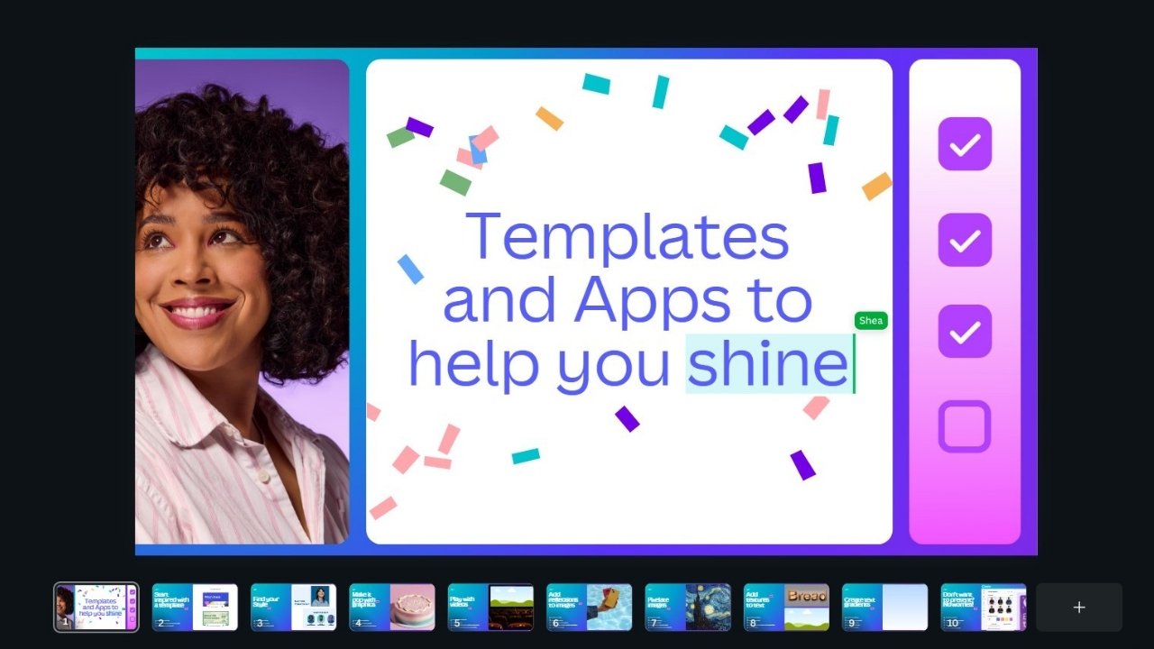 A promotional Canva slide with a vibrant design. It features a cheerful woman with curly hair smiling on the left, and the text "Templates and Apps to help you shine" on the right, surrounded by colorful confetti-like graphics.