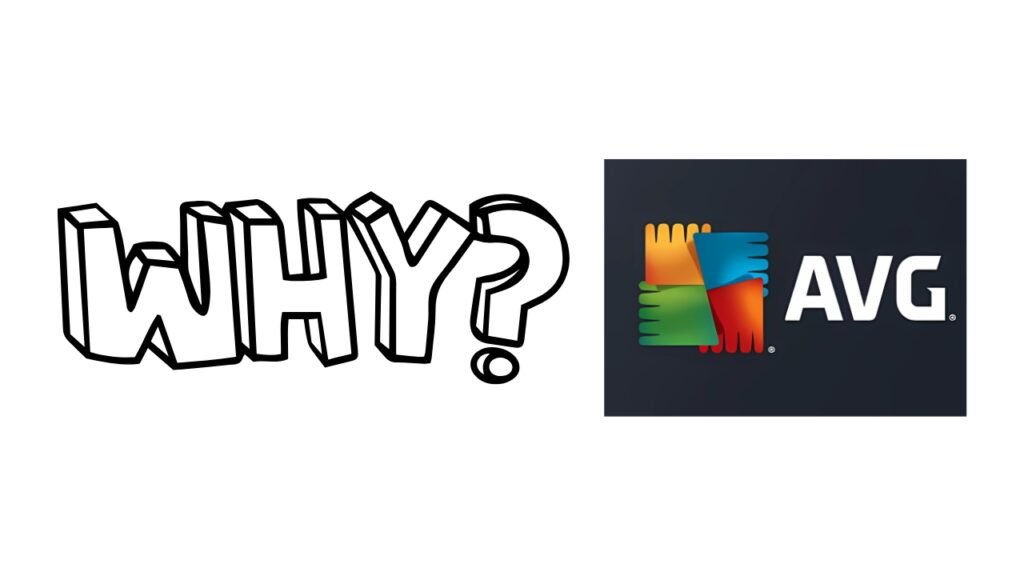 A minimalistic design featuring the word "WHY?" in a bold, 3D black-and-white comic-style font on the left. On the right is the AVG logo, prominently displayed with its vibrant multicolored shield against a dark background. The layout is simple yet impactful, drawing attention to the question and the brand.